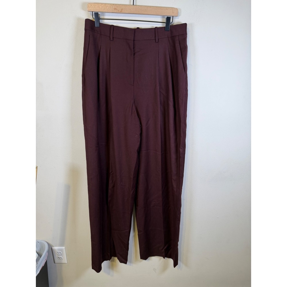 Theory Womens Wide Leg Pleated Trousers Burgundy Size 10 100% Virgin Wool